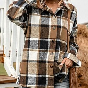 NWOT Flannel Shacket Brown Black Tan White Plaid